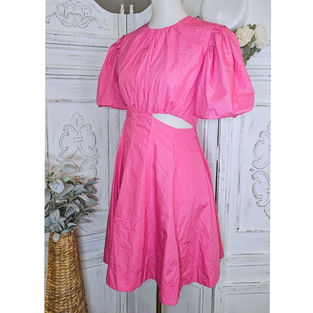 Elle Bechelani Fushia Pink Fit & Flare Puff Sleeve Waist Cut-Out Dress